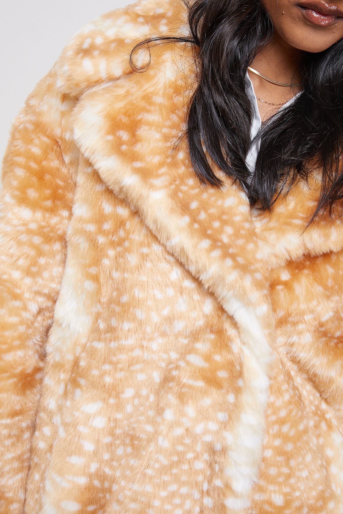 Warehouse Premium Deer Jacquard Faux Fur Coat Tan image 5