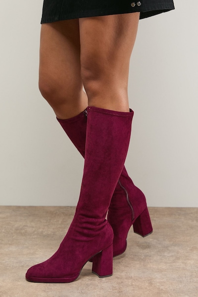 Oasis Florence Faux Suede Platform Block Heel Sock Knee Boots Burgundy