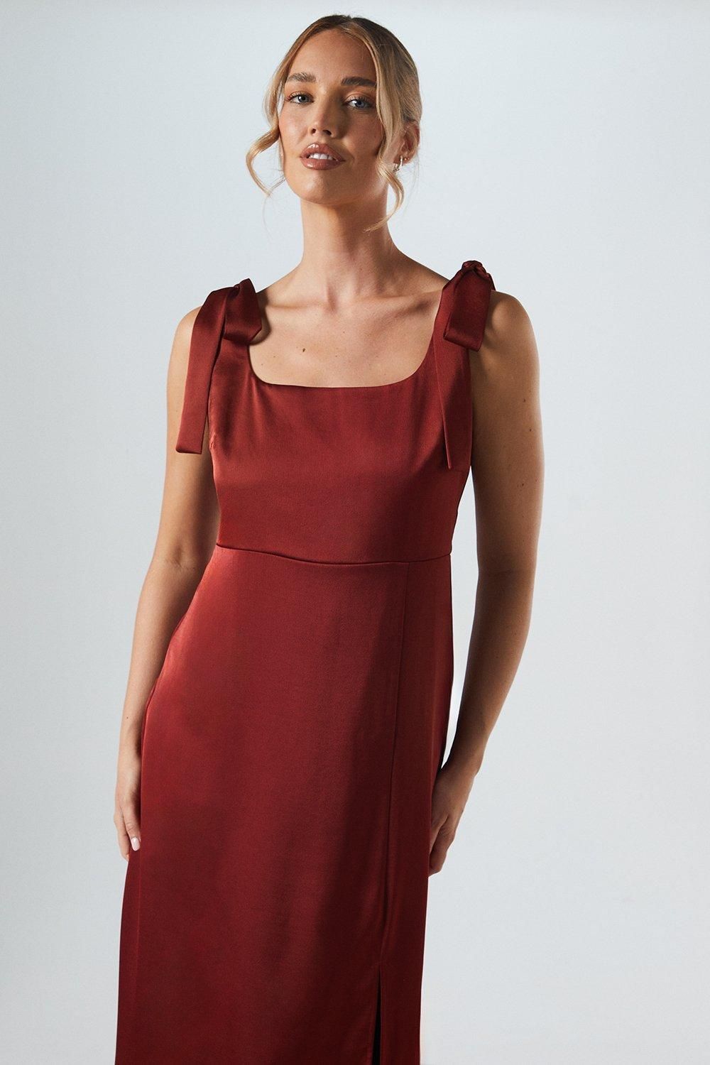 Oasis Satin Tie Shoulder Midi Bridesmaid Dress Burnt Orange image 4