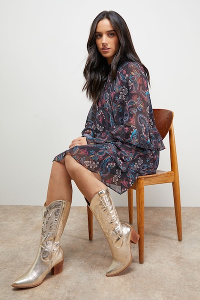 Oasis Toulouse Faux Suede Western Cowboy Boots Gold