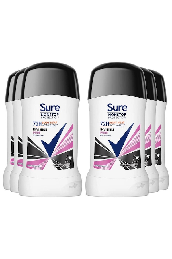 Sure Invisible Pure 'Antiperspirant' Stick 72H Protection, 6x50ml