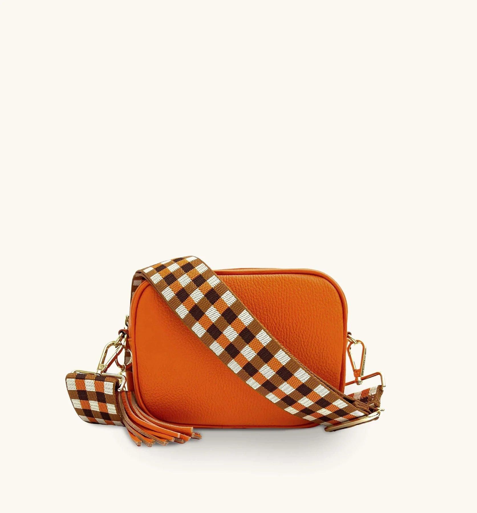 Apatchy London Orange Leather Crossbody Bag With Orange & Tan Check Strap image 1