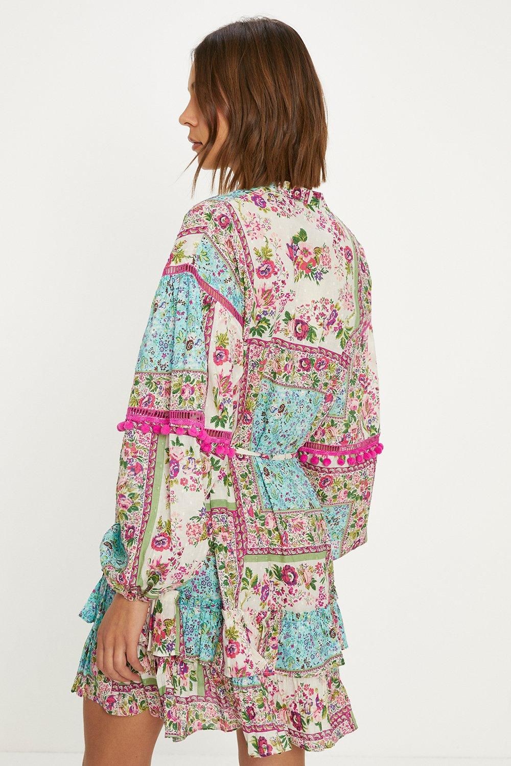 Oasis Printed Cotton Dobby Trim Detail Skater Dress Multi image 3