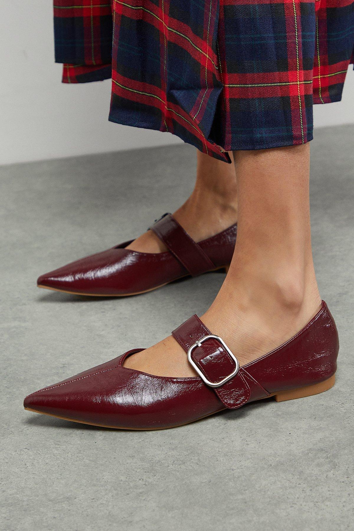 MissPap Faith: Brianna Faux Leather Buckle Detail Mary Jane Pointed Ballerinas Burgundy image 1