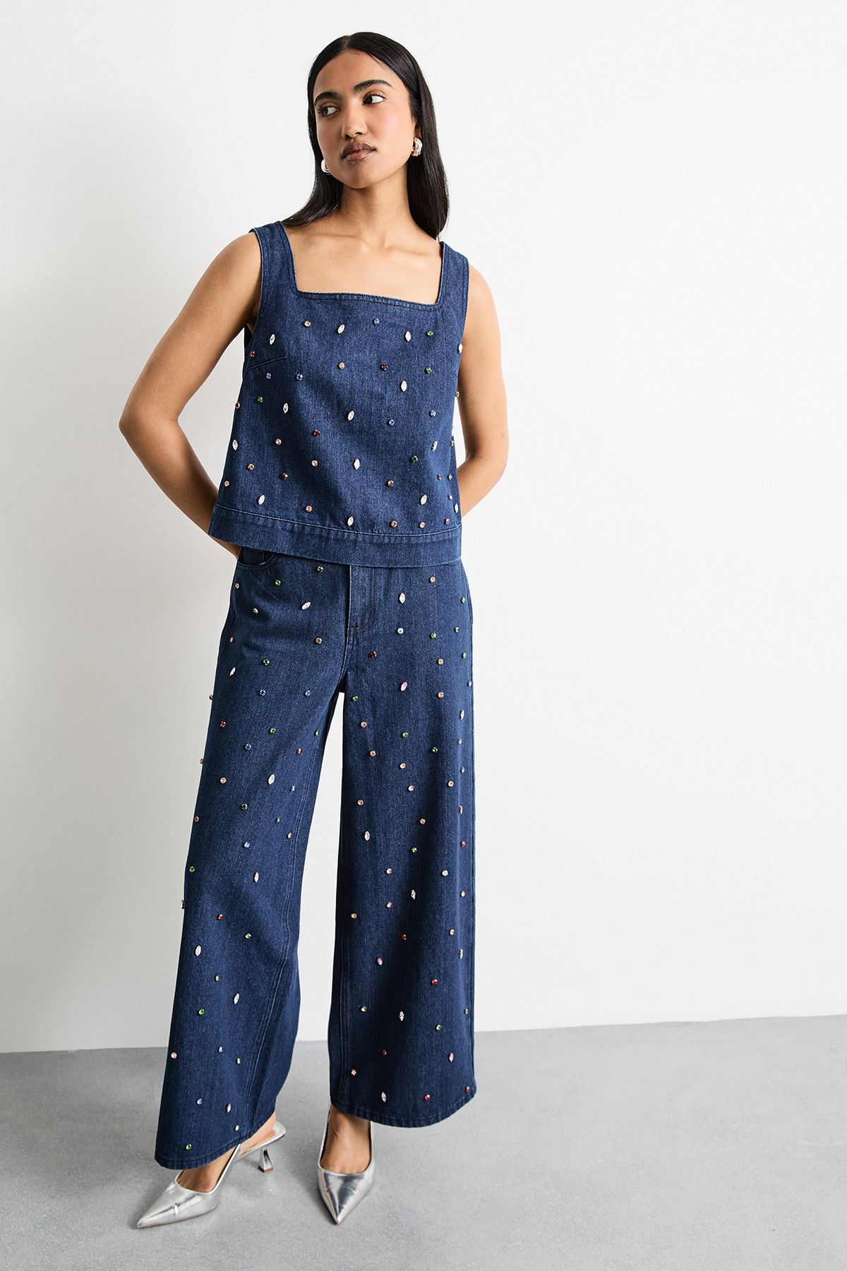 Warehouse Hotfix Embellished Denim Square Neck Top Indigo image 2