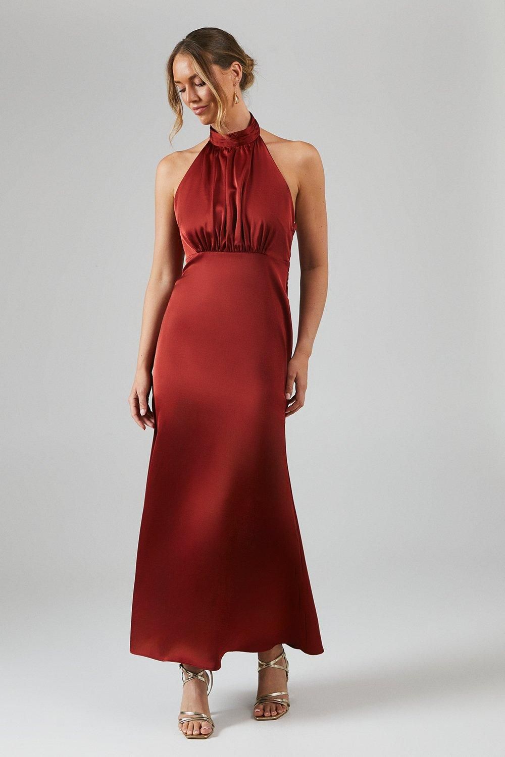 Oasis Satin Halter Bias Cut Maxi Bridesmaid Dress Burnt Orange image 1