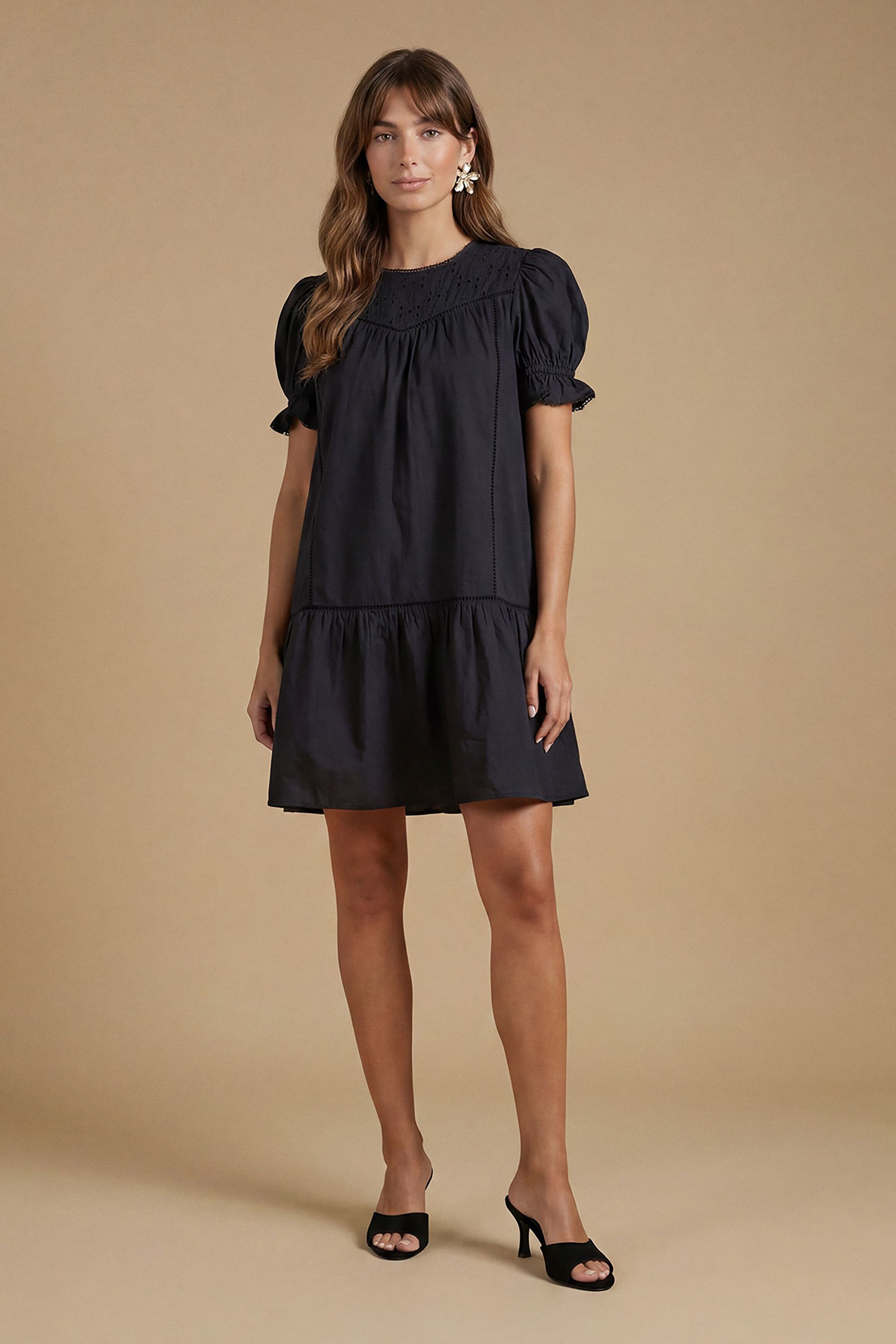 Oasis Broderie Lace Trim Detail Puff Sleeve Mini Dress Black