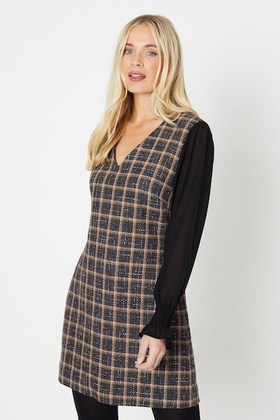 Oasis Petite Chiffon Sleeve Check Boucle Dress Blue