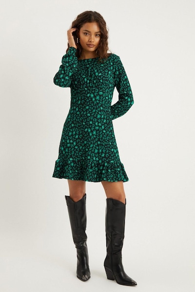 Dorothy Perkins Petite Green Leopard Frill Hem Mini Dress Green