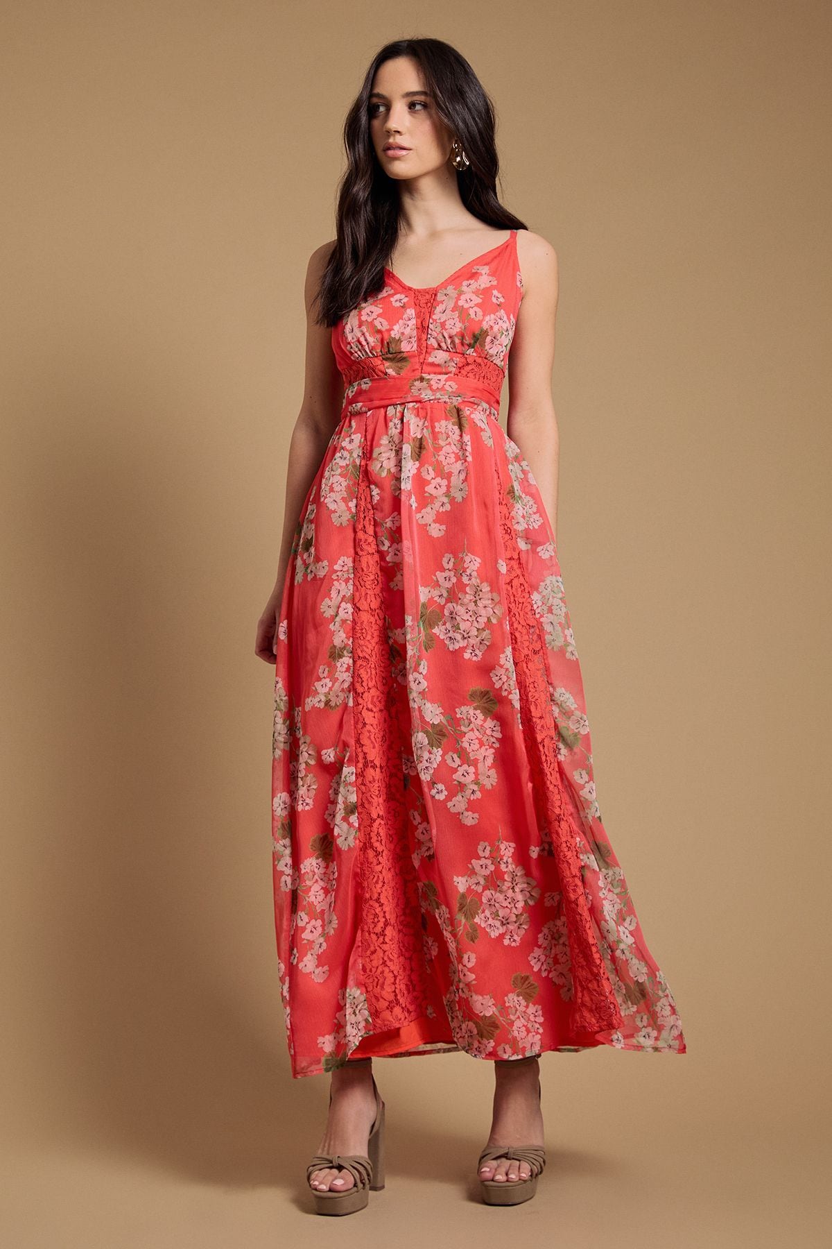 Oasis Lace Panelled Waist Pleated Maxi Dress Orange