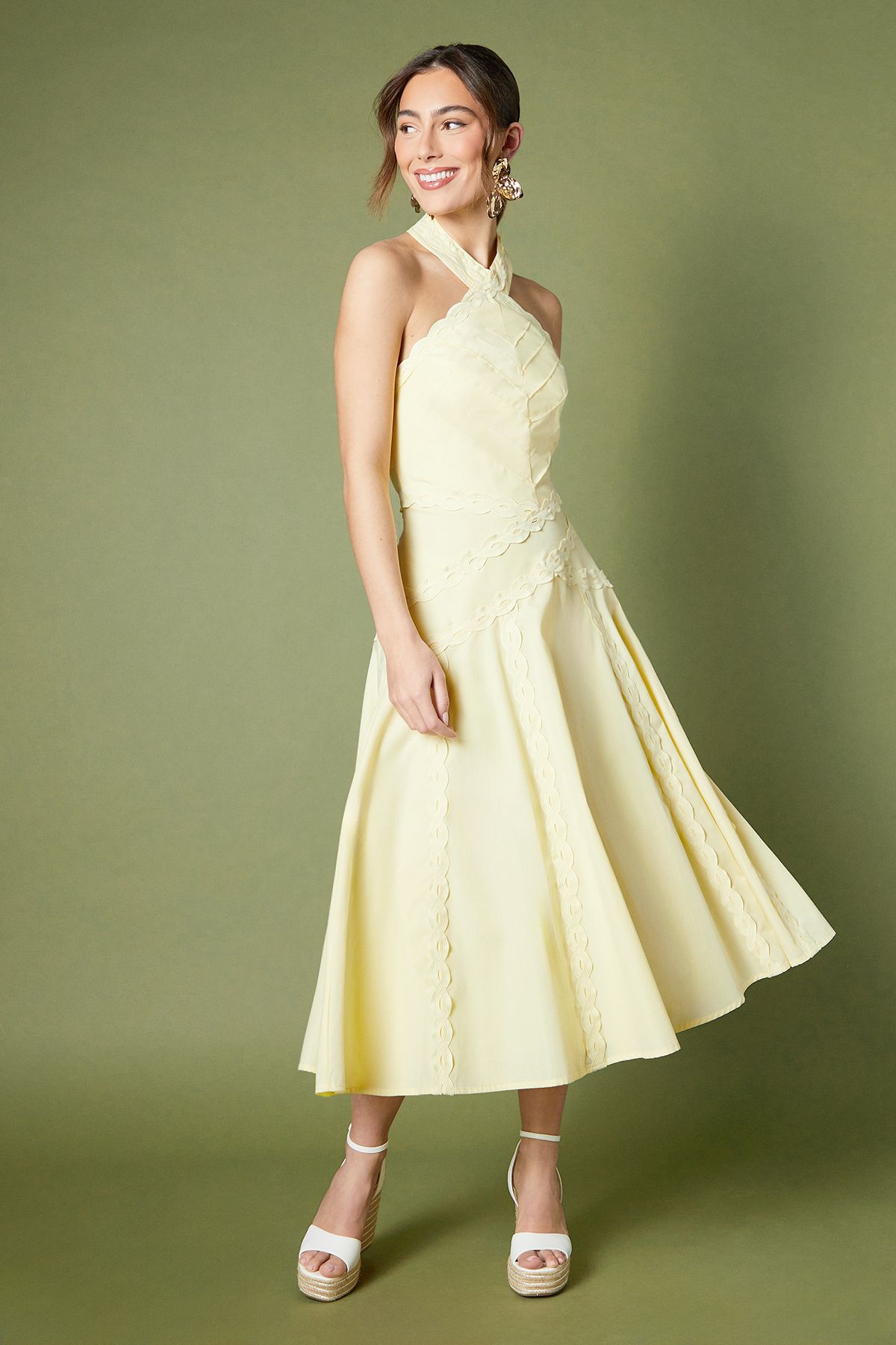 Coast Halter Neck Lace Trim Midi Dress Lemon image 2