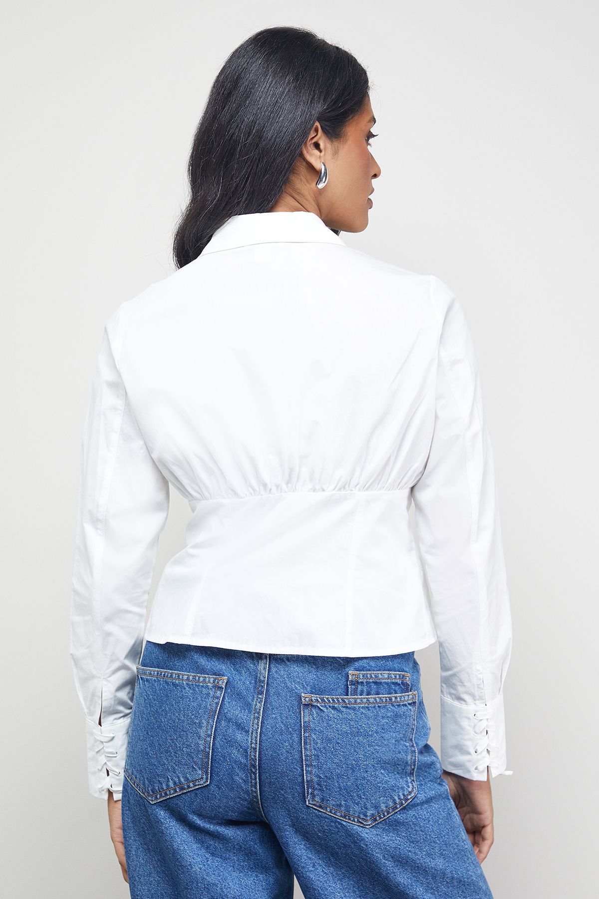 Warehouse Cotton Lattice Front Fitted Waist Shirt White image 3