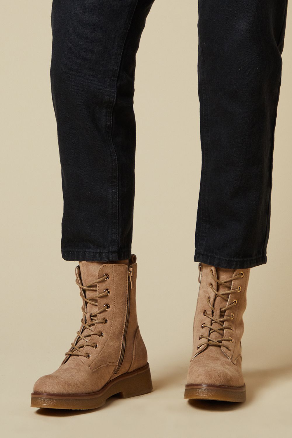 Dorothy Perkins Mariah Faux Suede Lace Up Chunky Ankle Boot Beige image 1