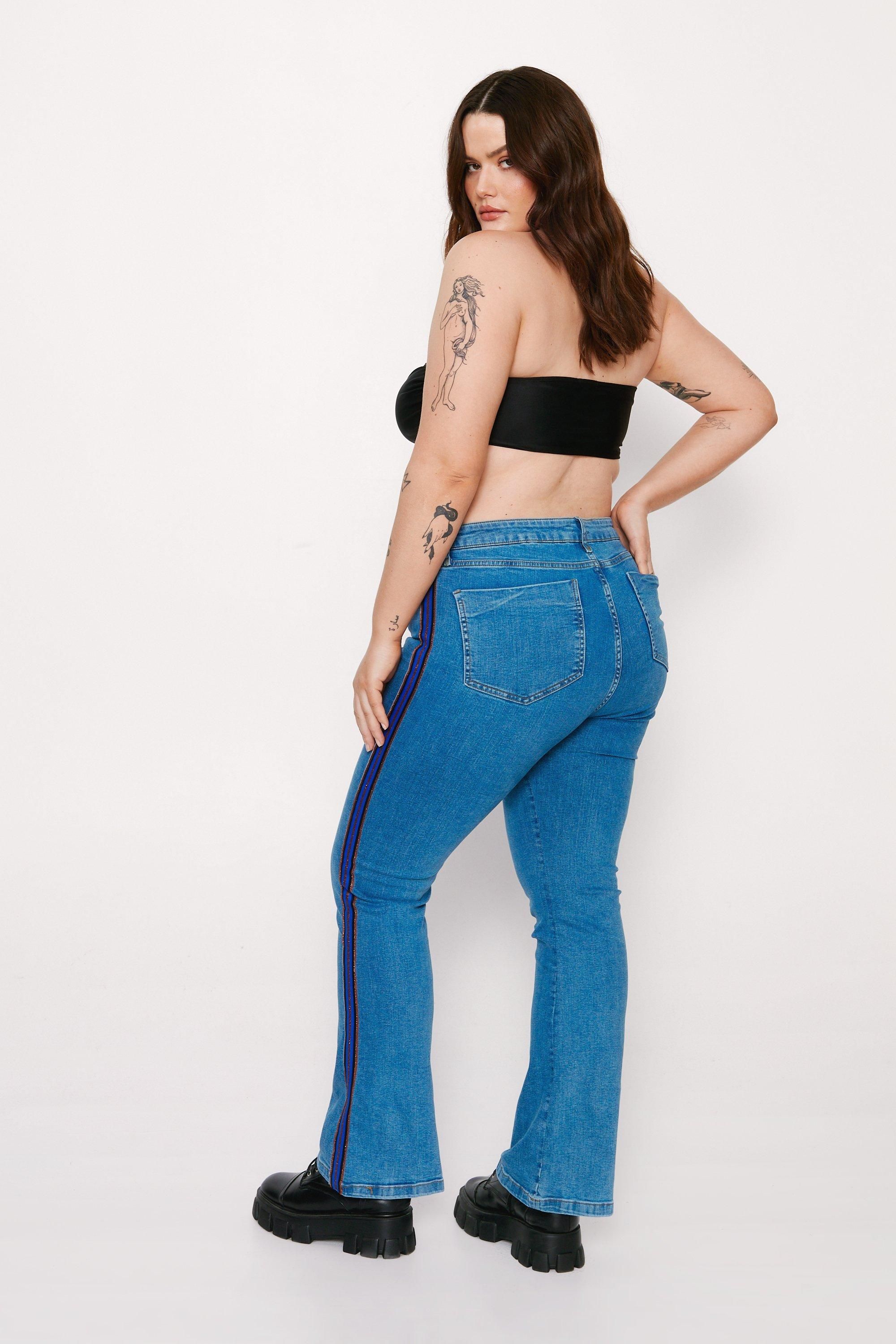 NastyGal Plus Size Metallic Stripe Seam Detail Denim Flare Jeans Mid Blue image 4