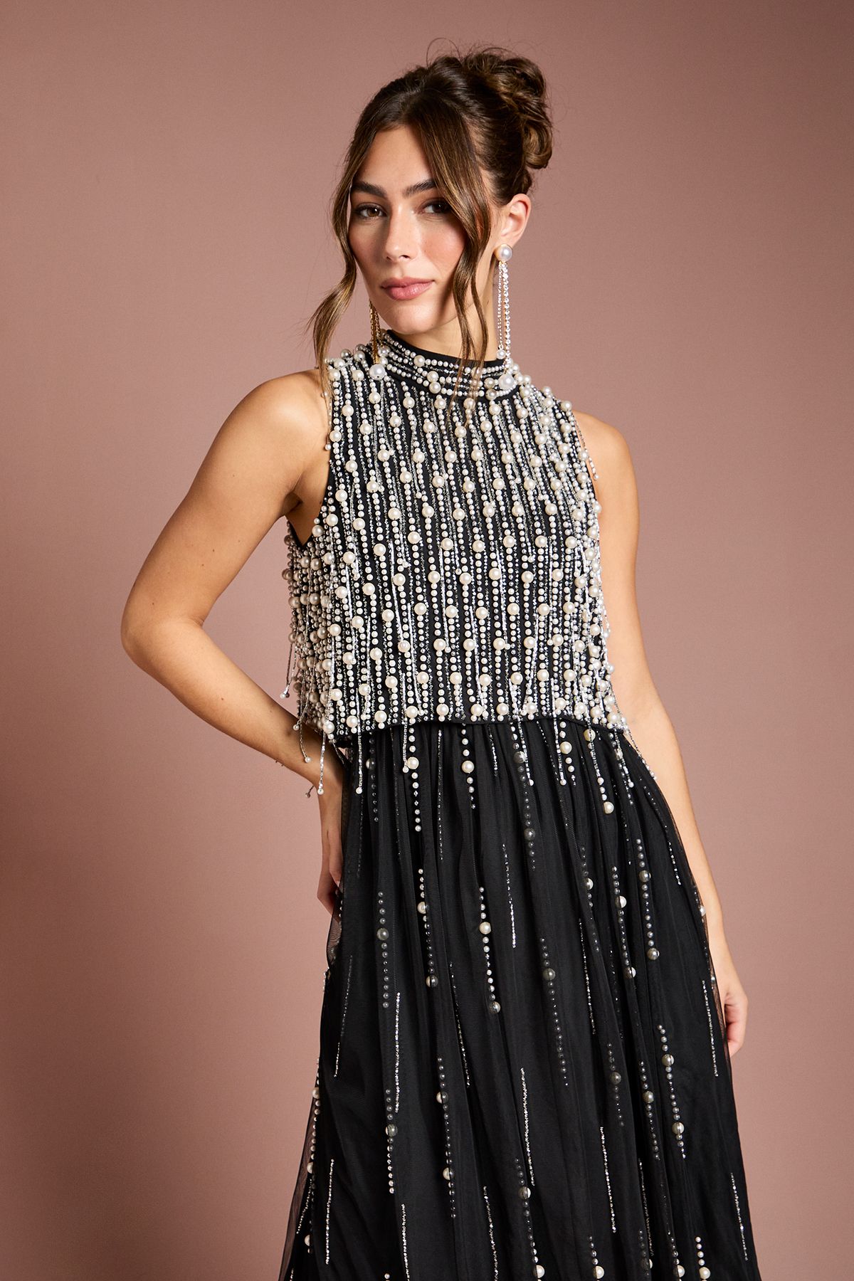 Coast Pearl Beaded Overlay Georgette Maxi Dress Black image 2