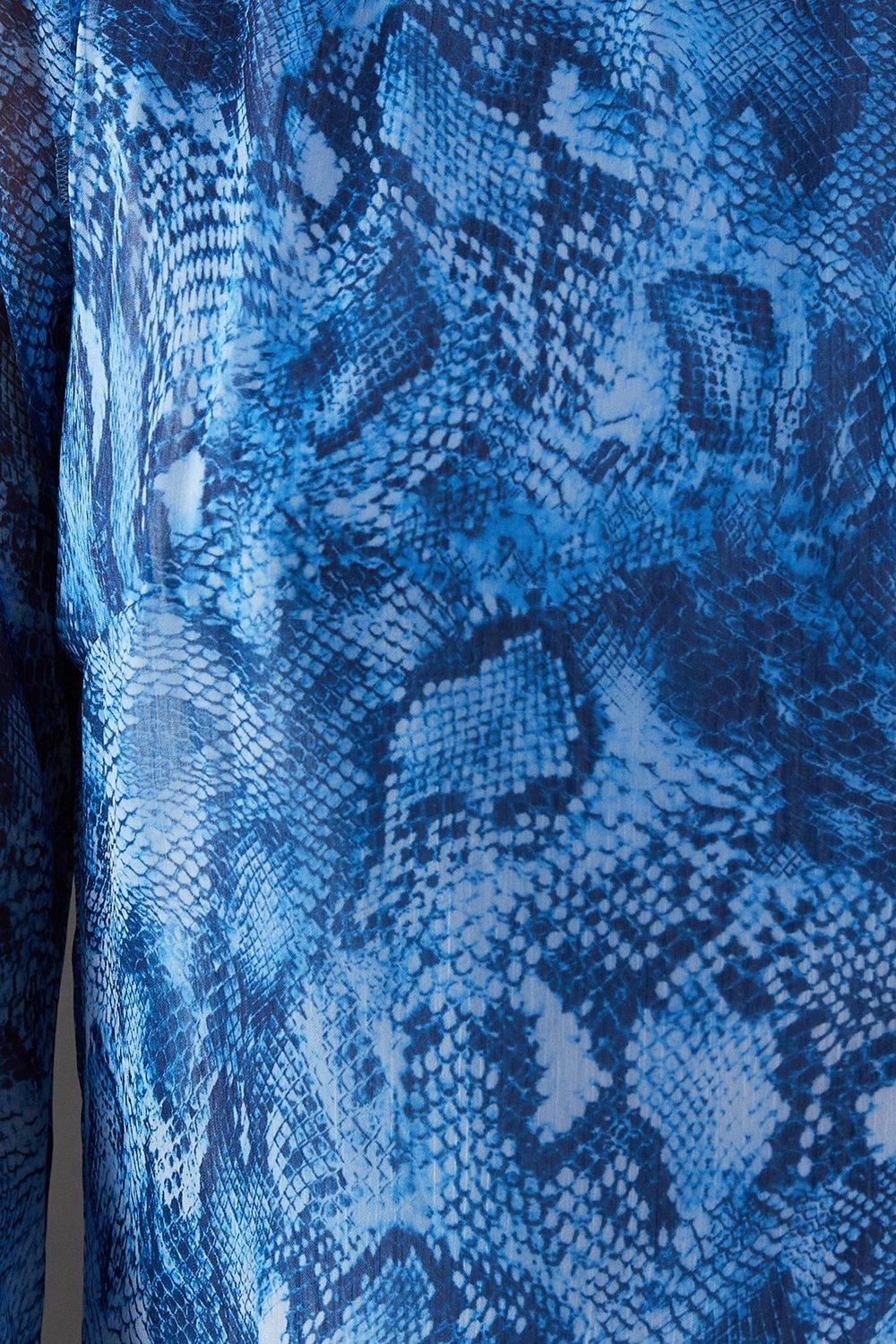 Warehouse Chiffon Snake Print Asymmetric Hem Flute Sleeve Midi Dress Blue image 5