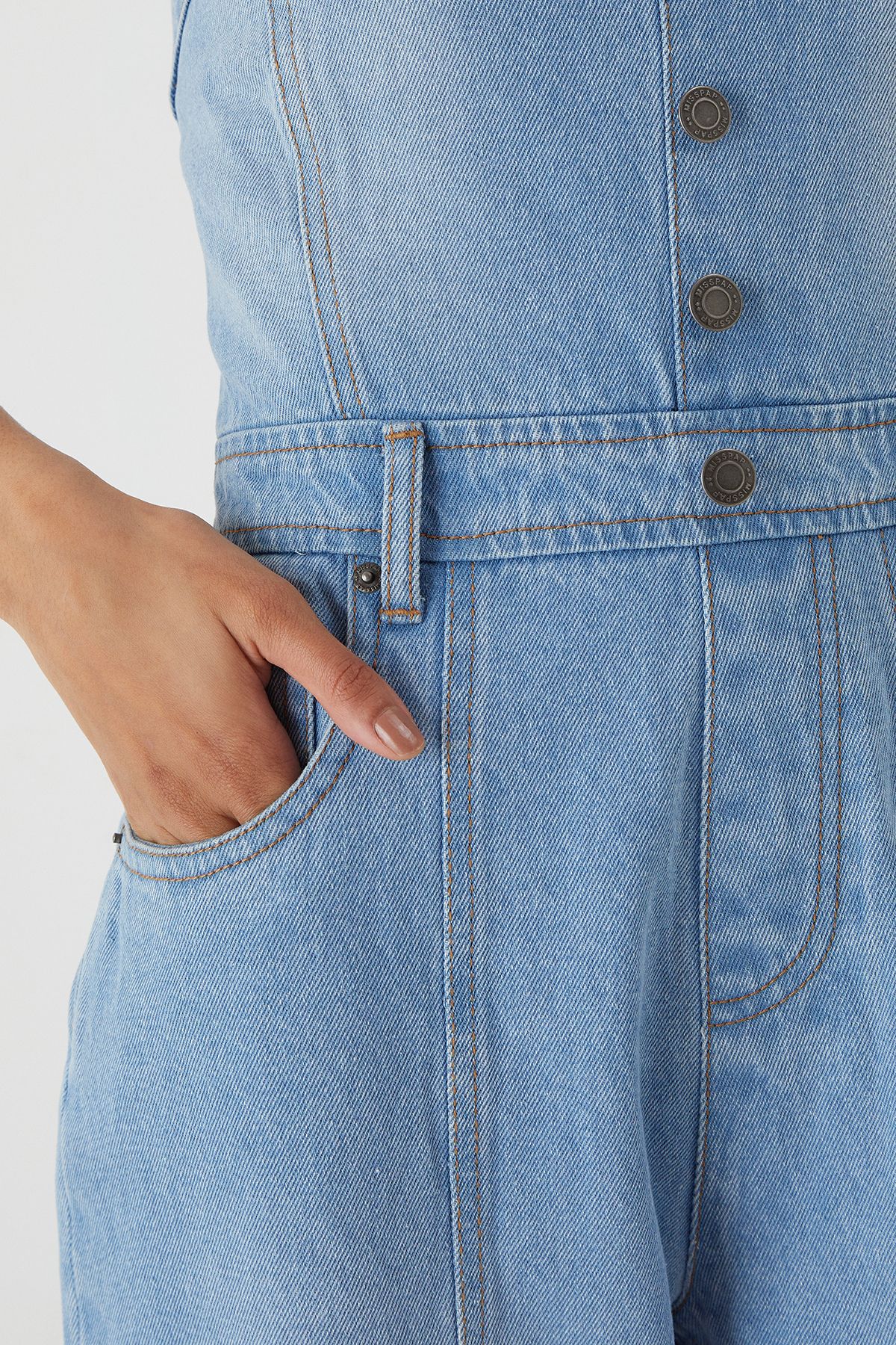 MissPap Denim Button Front Bandeau Jumpsuit Light Wash image 5