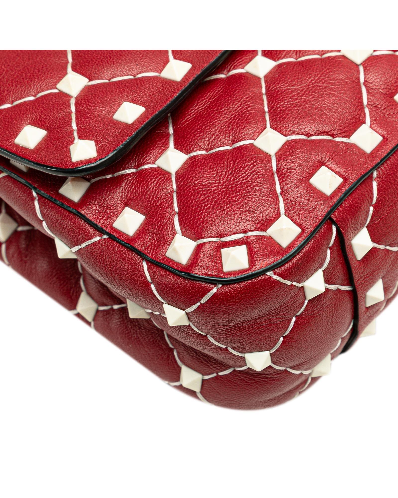 Valentino Preloved Rockstud Quilted Leather Shoulder Bag Wo - Red Satchel image 11