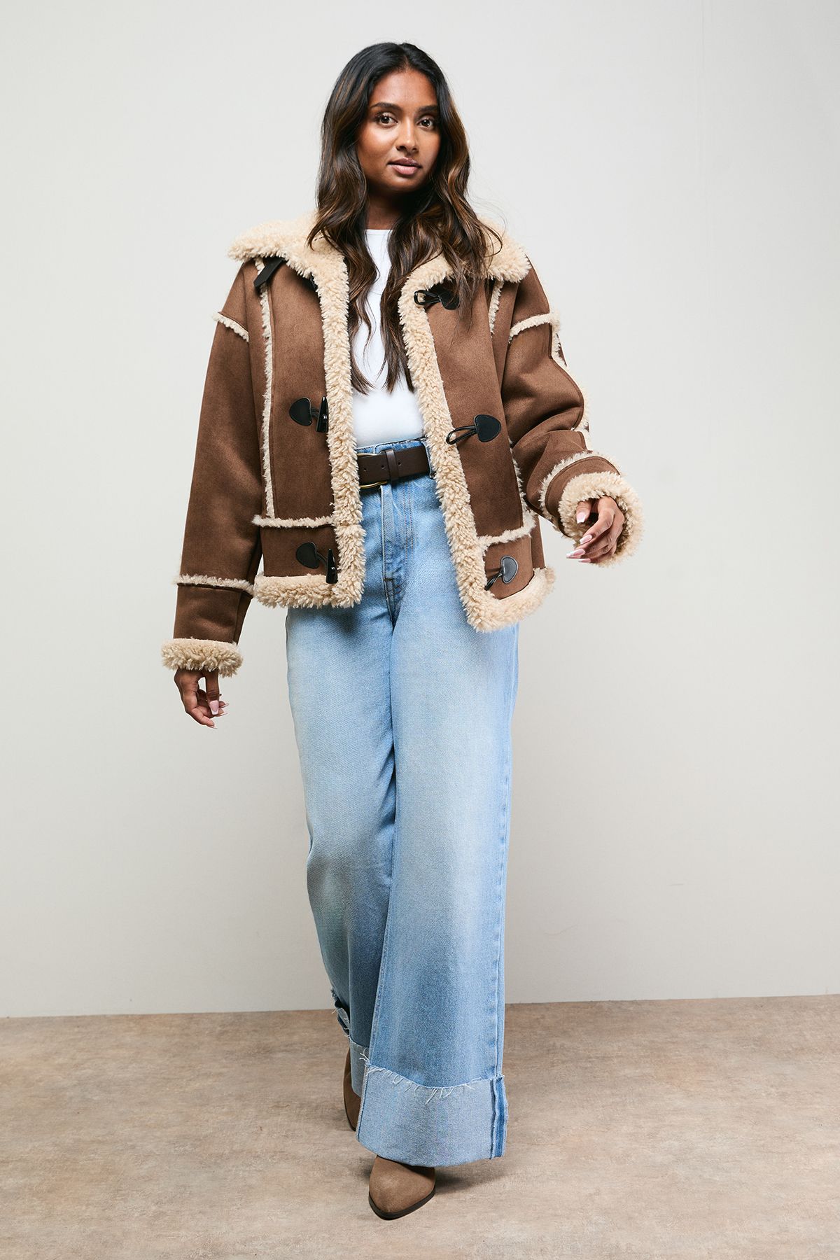 Oasis Shearling Trim Aviator Jacket Chocolate image 1