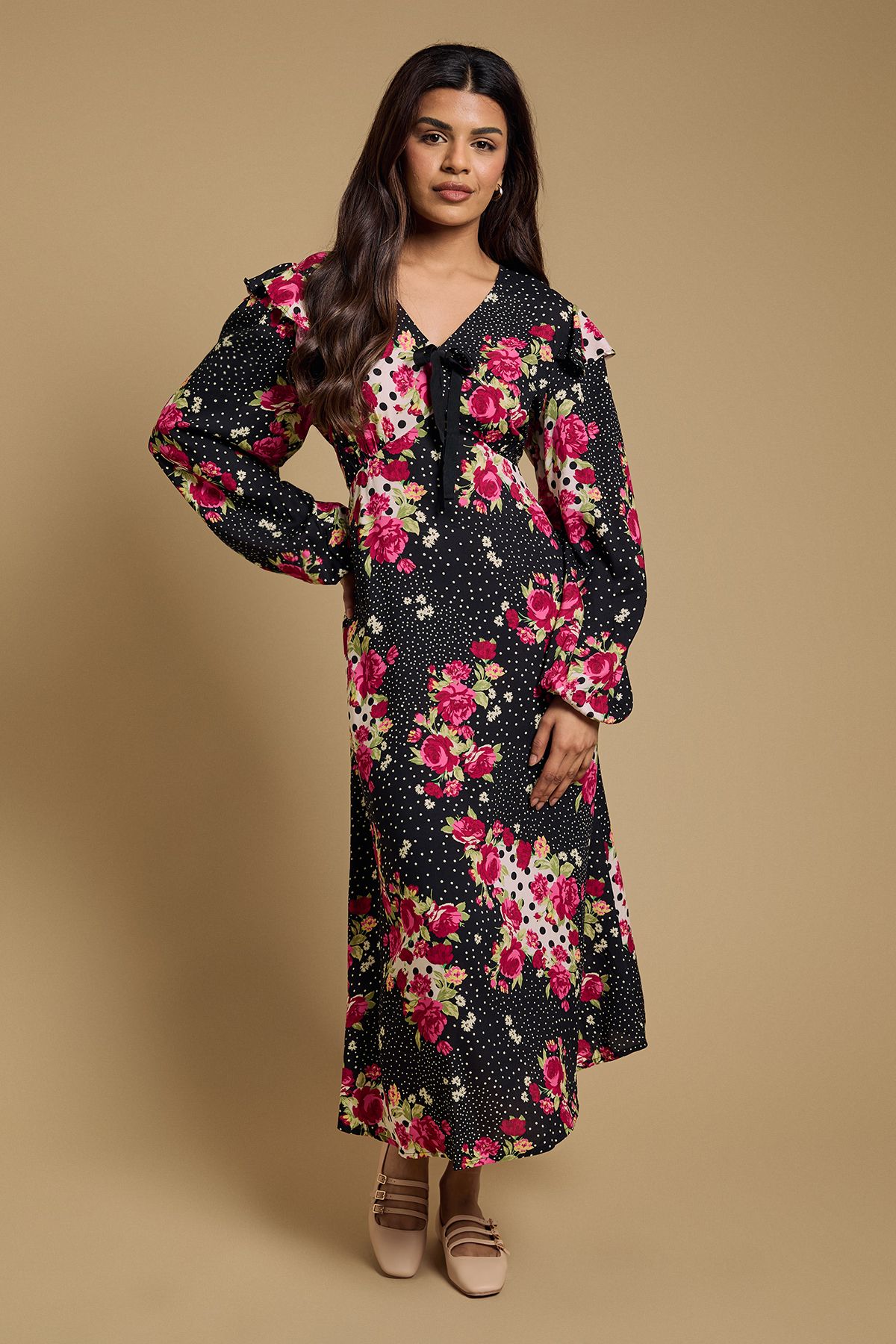 Dorothy Perkins Petite Patchwork Floral Contrast Bow Detail Frill Printed Midaxi Dress Floral