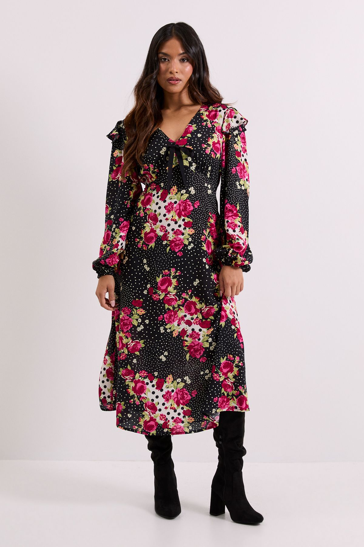 Dorothy Perkins Petite Patchwork Floral Contrast Bow Detail Frill Printed Midaxi Dress Floral image 1