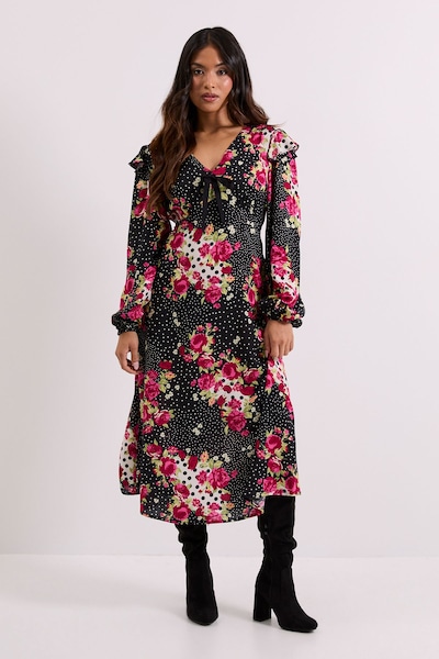 Dorothy Perkins Petite Patchwork Floral Contrast Bow Detail Frill Printed Midaxi Dress Floral