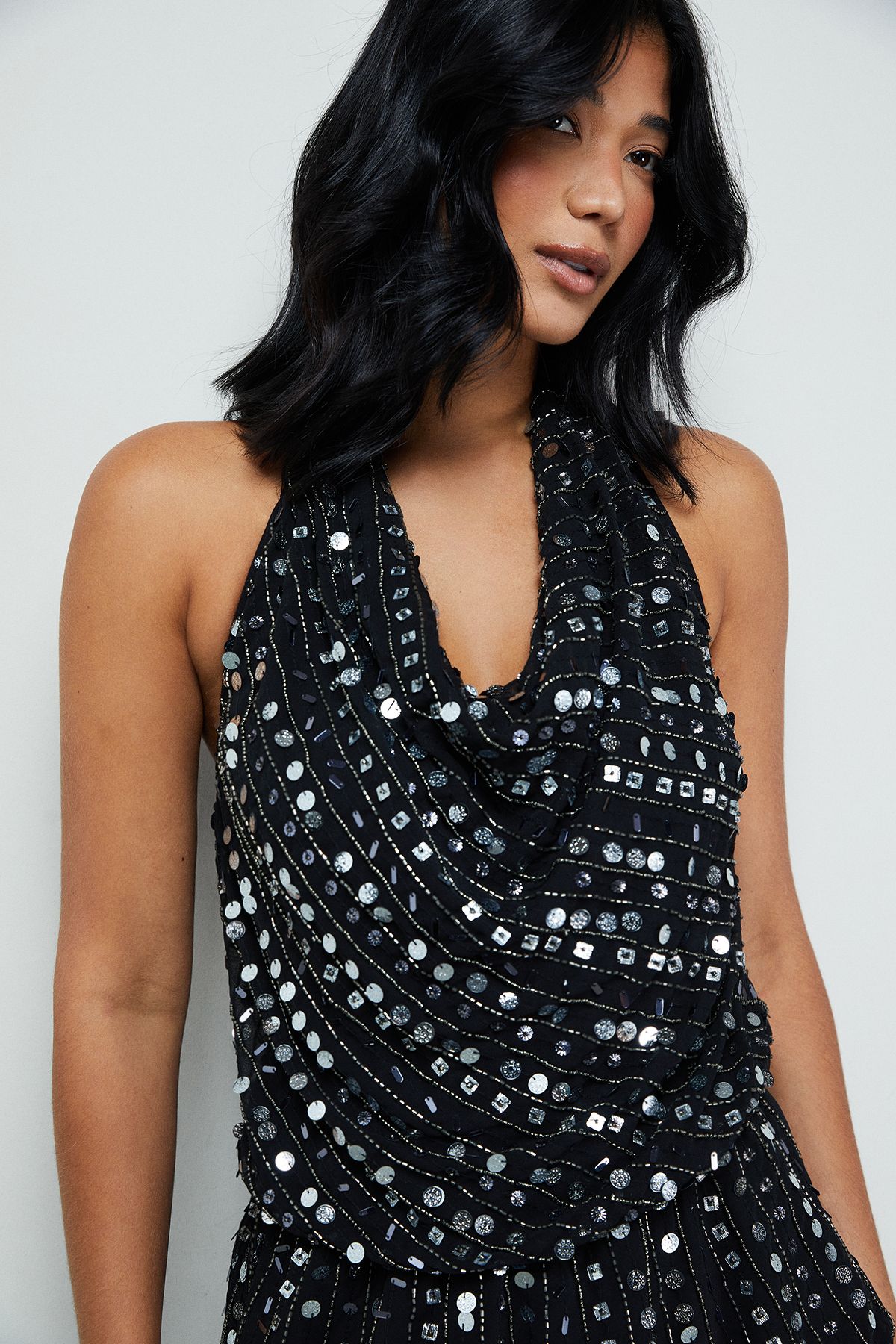 Warehouse Premium Hand Embellished Sequin Cowl Front Flippy Mini Dress Black image 2