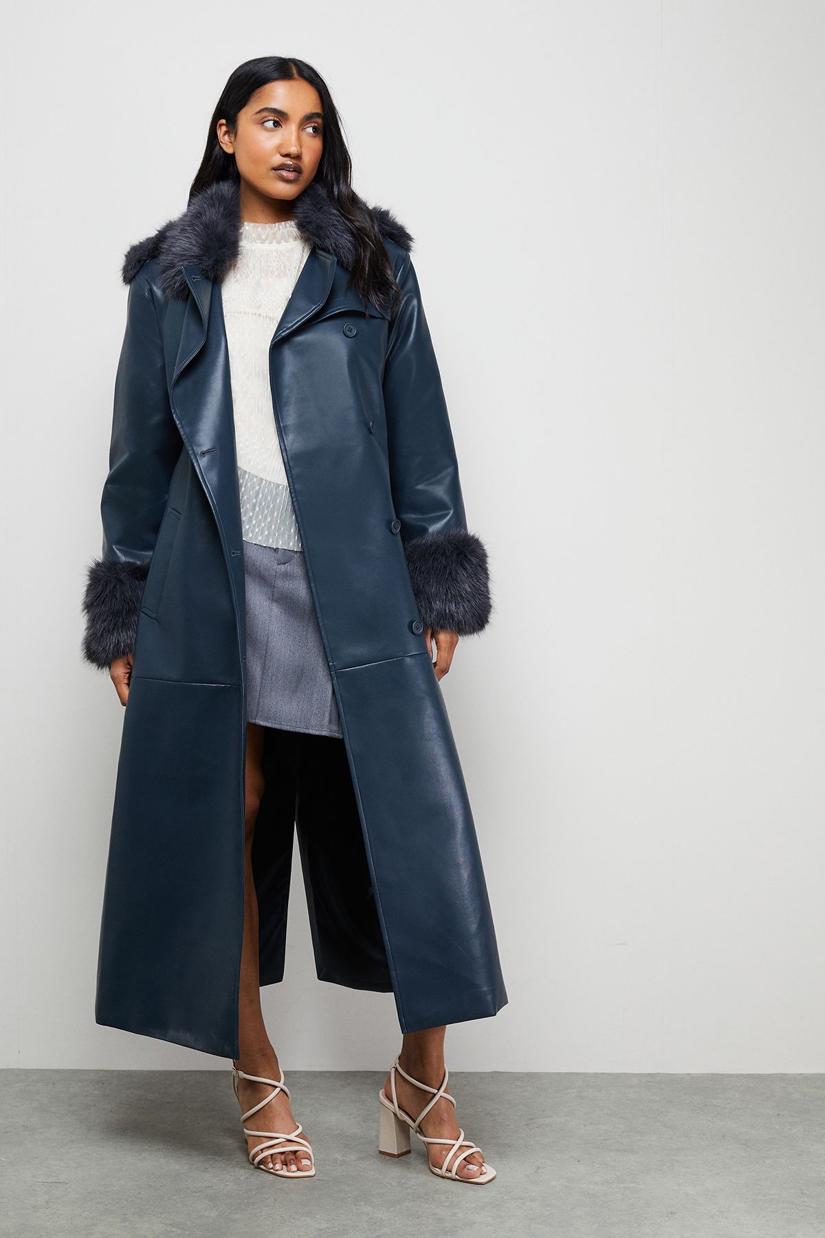 Warehouse PU Belted Faux Fur Collar Trench Coat Teal image 1