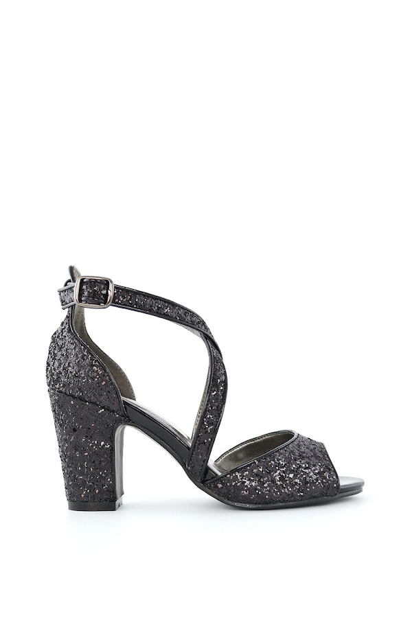 XY London 'Harlow' Cross Over Strappy Buckle Peep Toe Block High Heels