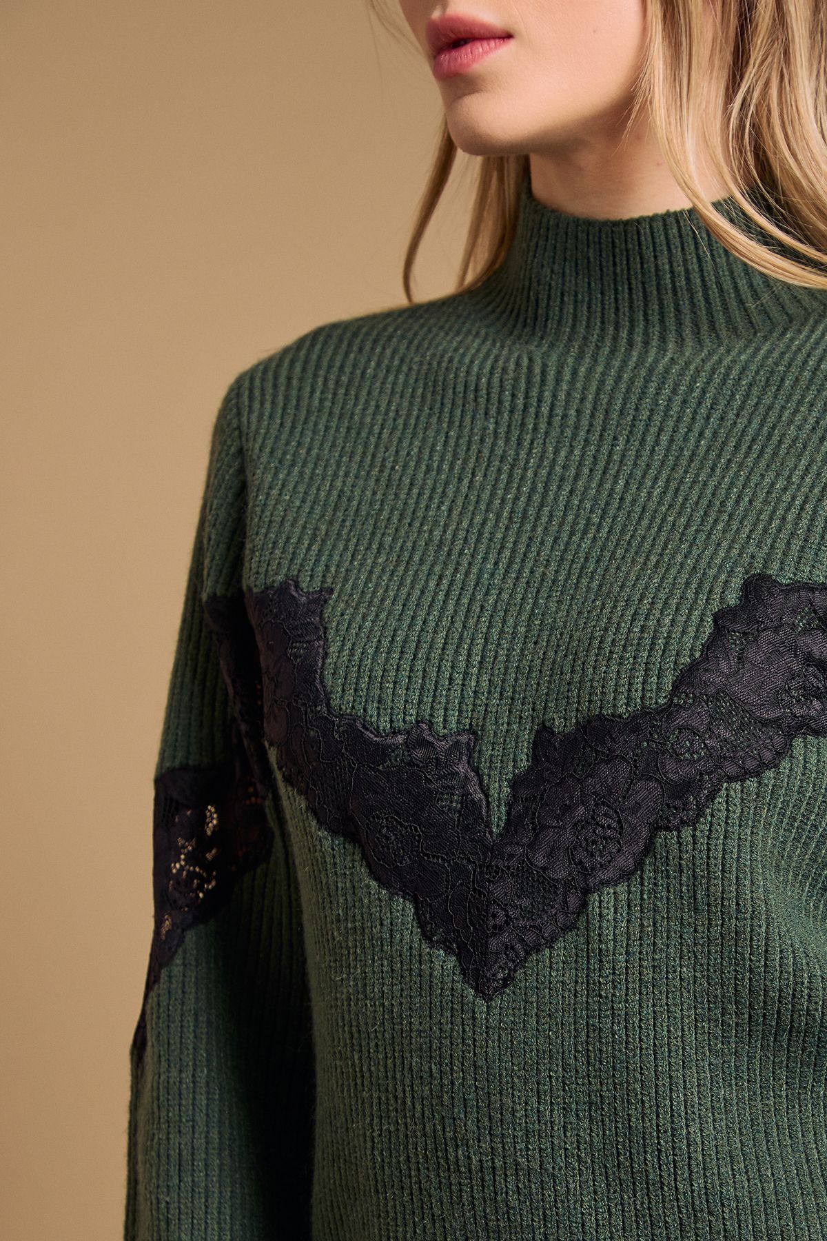 Oasis Contrast Lace Stitch High Neck Knitted Mini Dress Khaki image 4