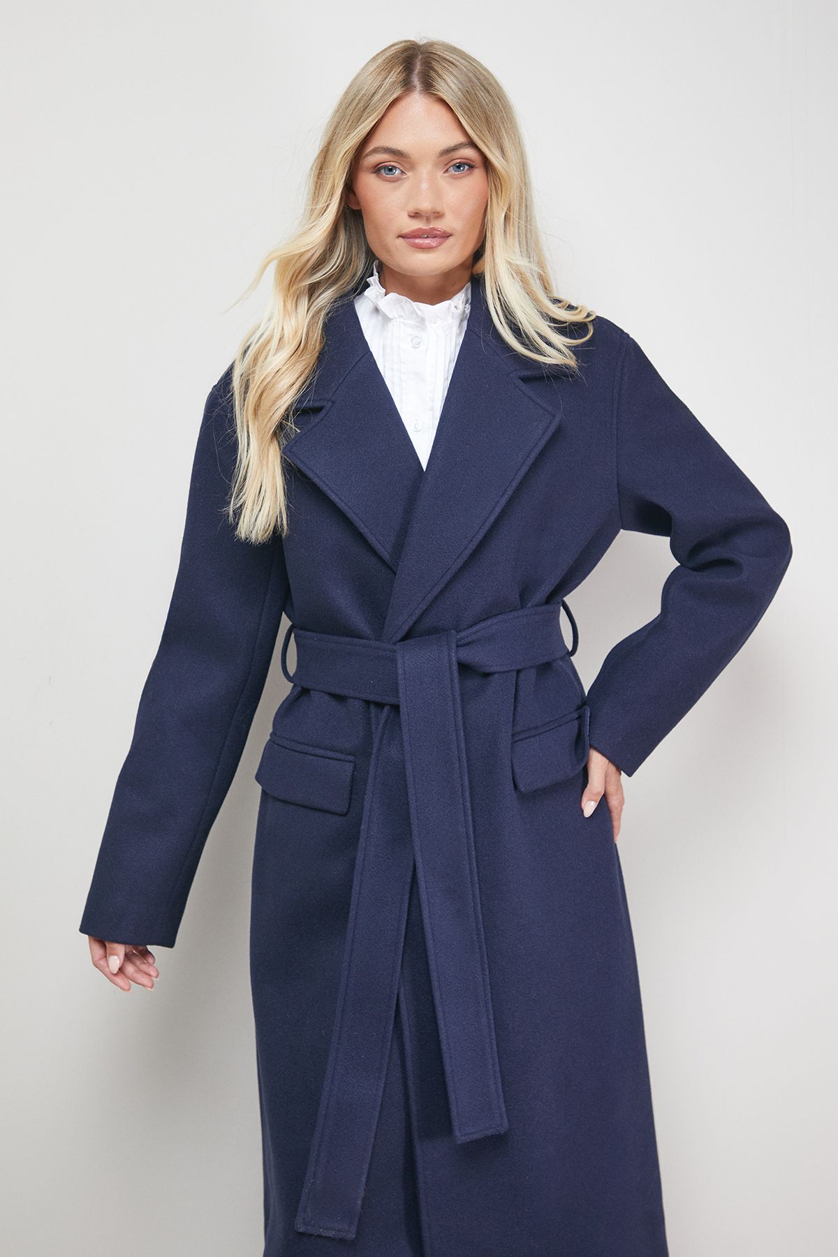 Oasis Tie Belt Detail Midi Coat Navy image 2