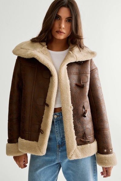 NastyGal Duffle Front Bonded Fur Aviator Brown