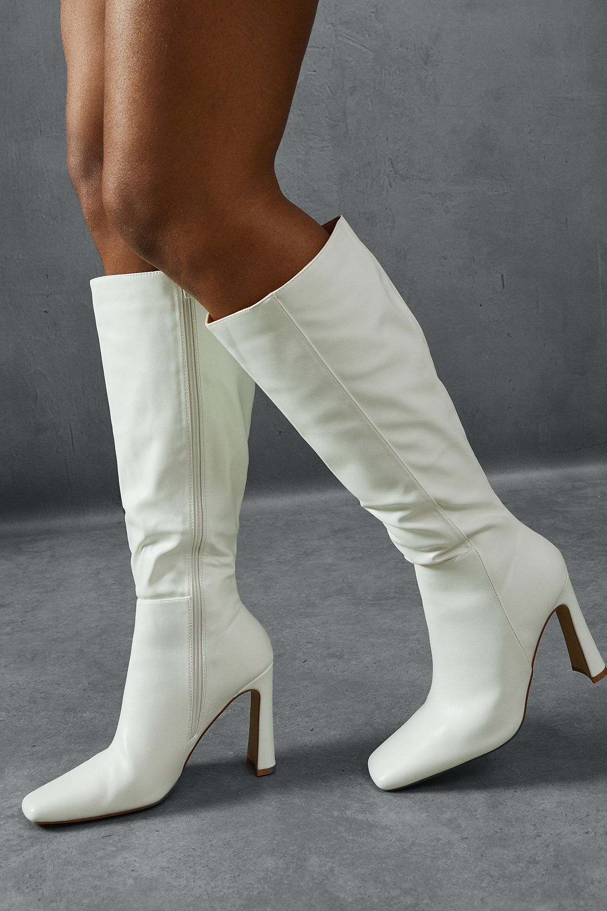 MissPap Leather Look Knee High Block Heeled Boots Cream image 4
