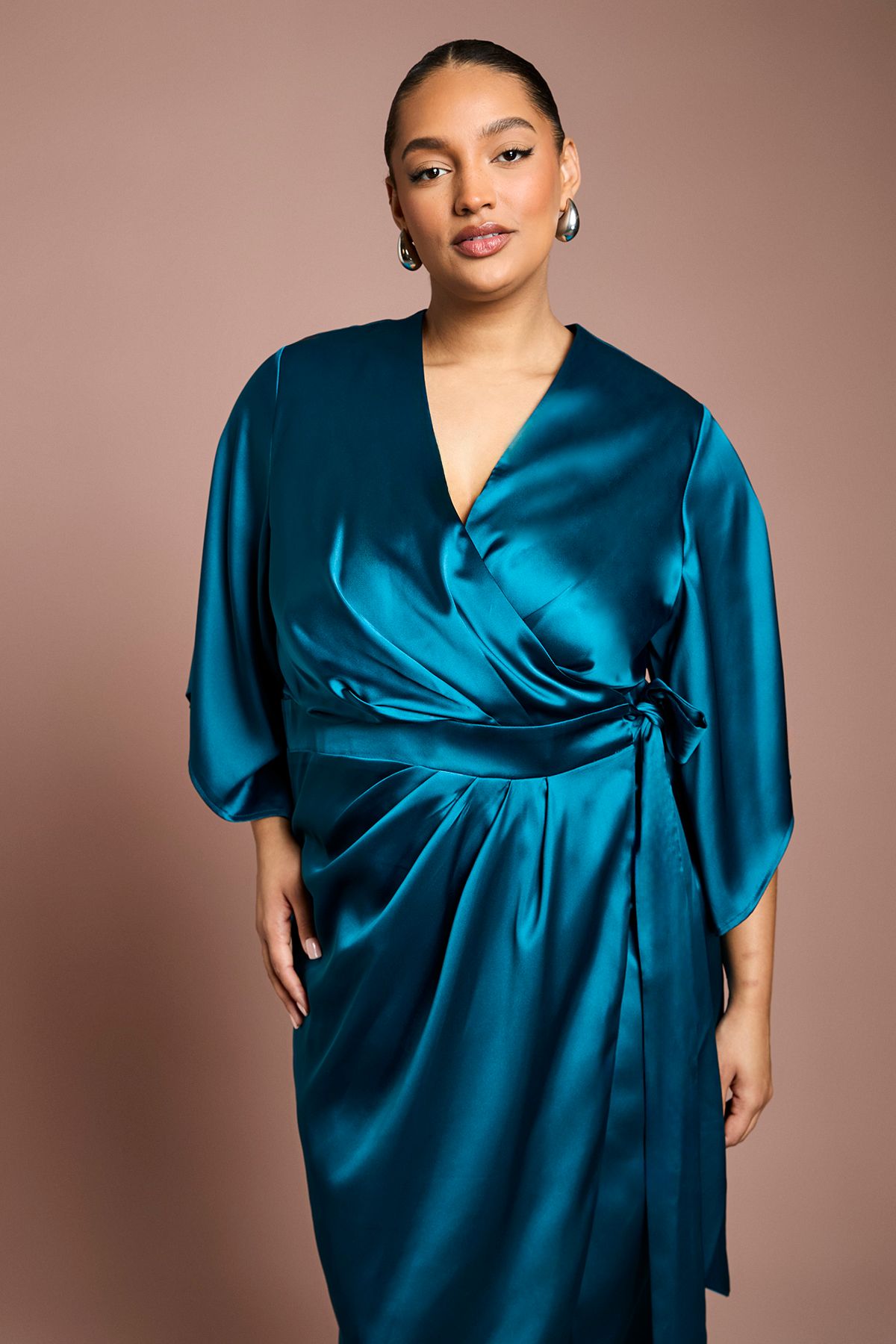 Coast Plus Satin Pleat Front Midi Wrap Dress Teal image 2