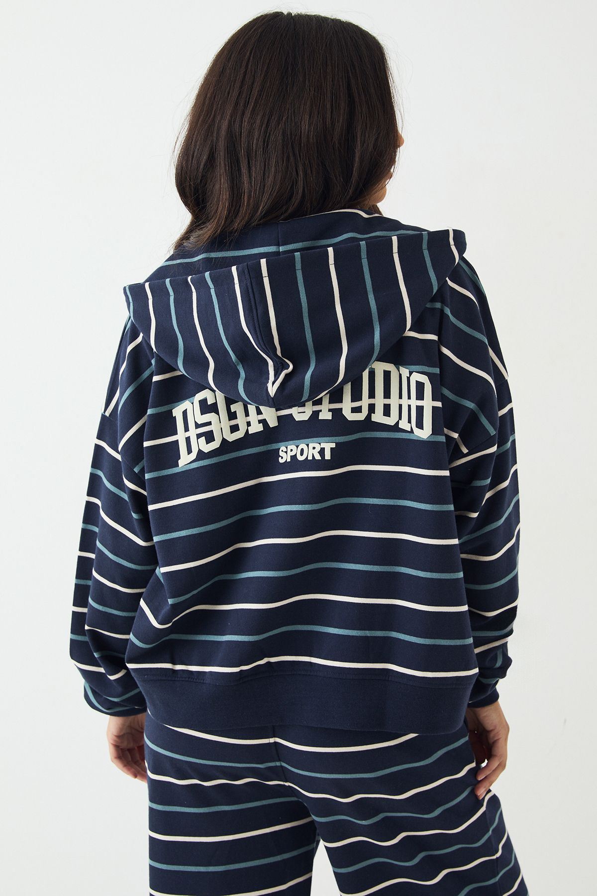 DSGN Studio DSGN Studio Stripe Boxy Crop Zip Through Hoodie Navy image 1