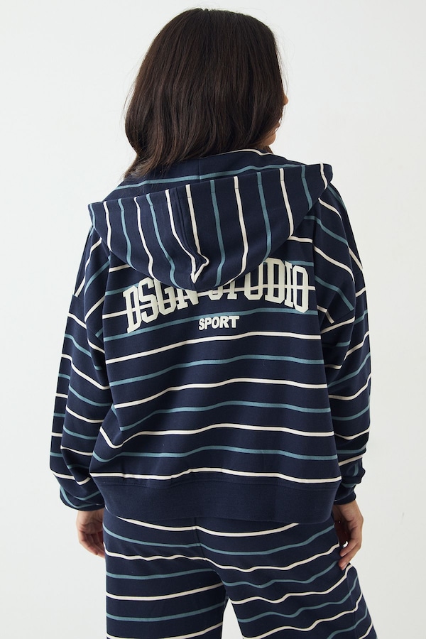 DSGN Studio DSGN Studio Stripe Boxy Crop Zip Through Hoodie Navy