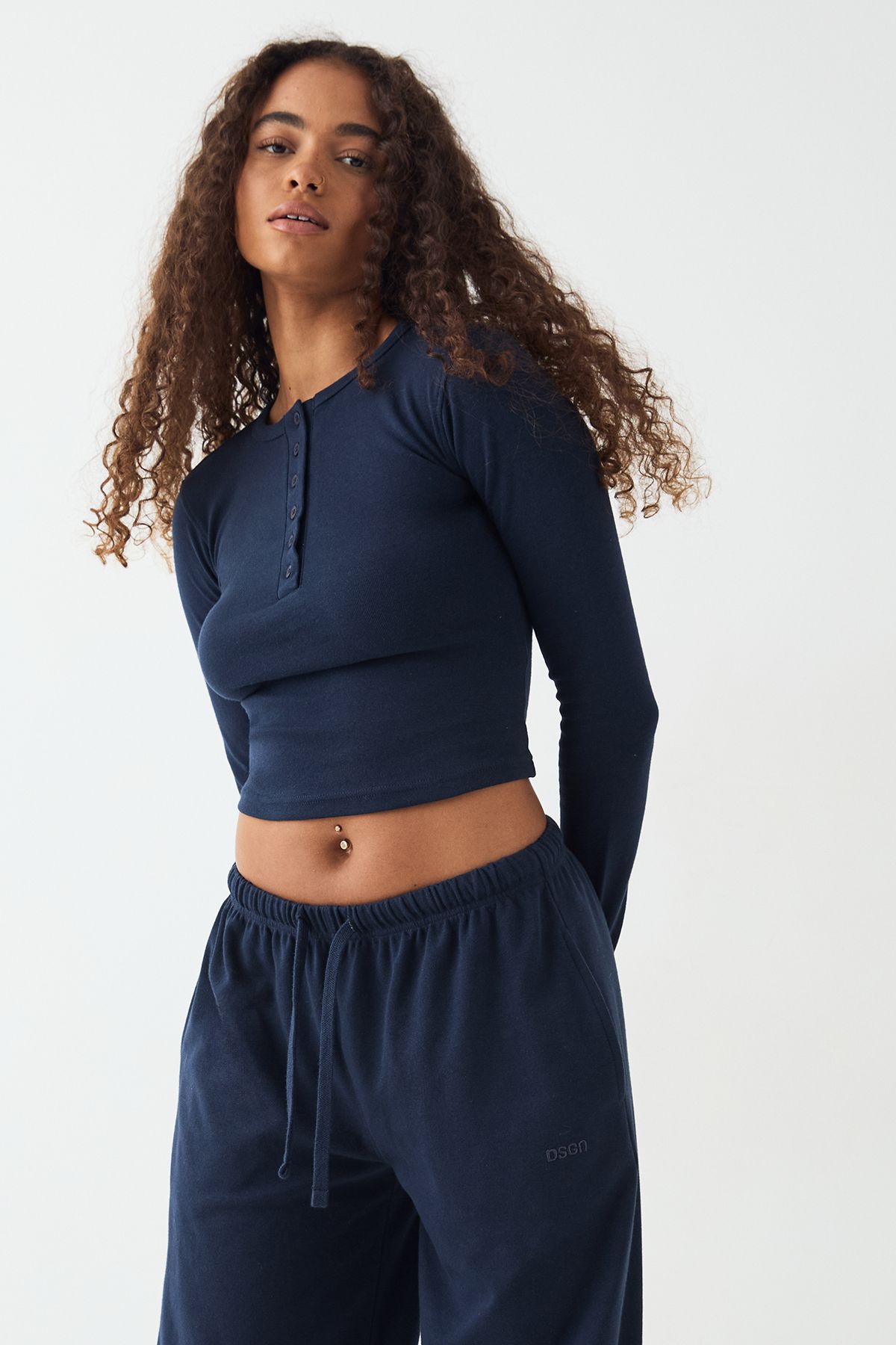 DSGN Studio DSGN Studio Button Detail Embroidered Long Sleeve Top Navy image 3