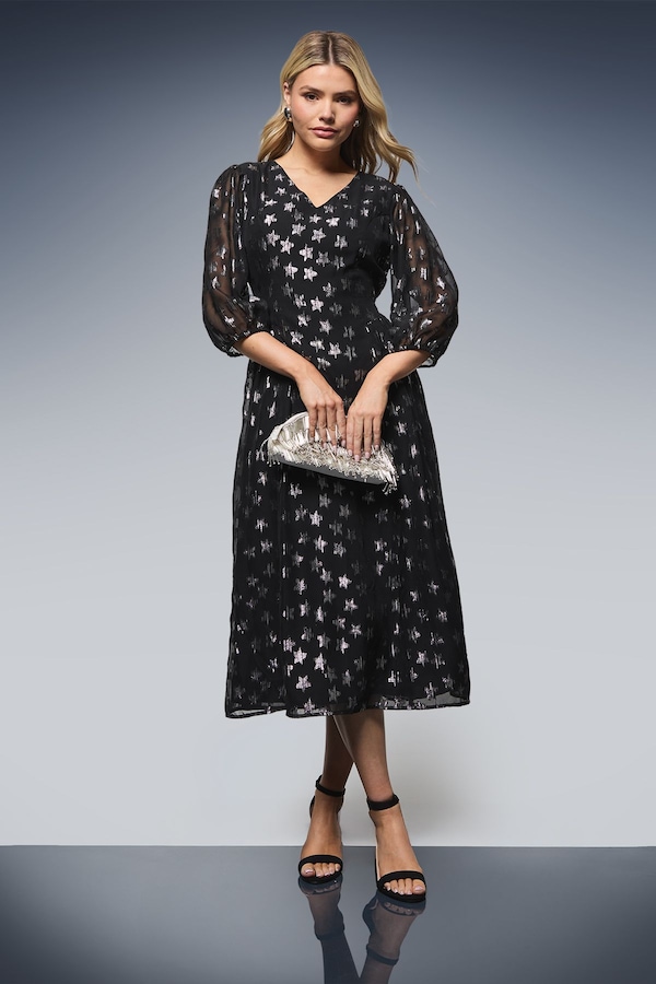 Dorothy Perkins DP Luxe Star Jacquard V Neck Blouson Sleeve Midi Dress Black