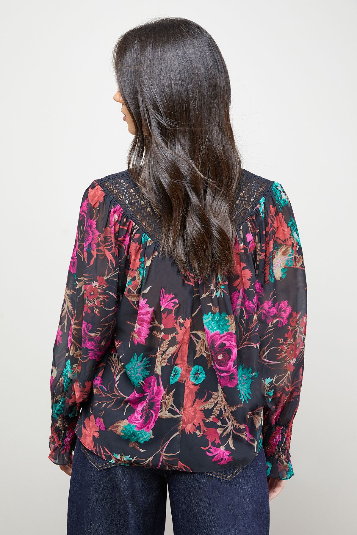 Oasis Printed Lace Yoke Balloon Sleeve Boho Blouse Black image 3