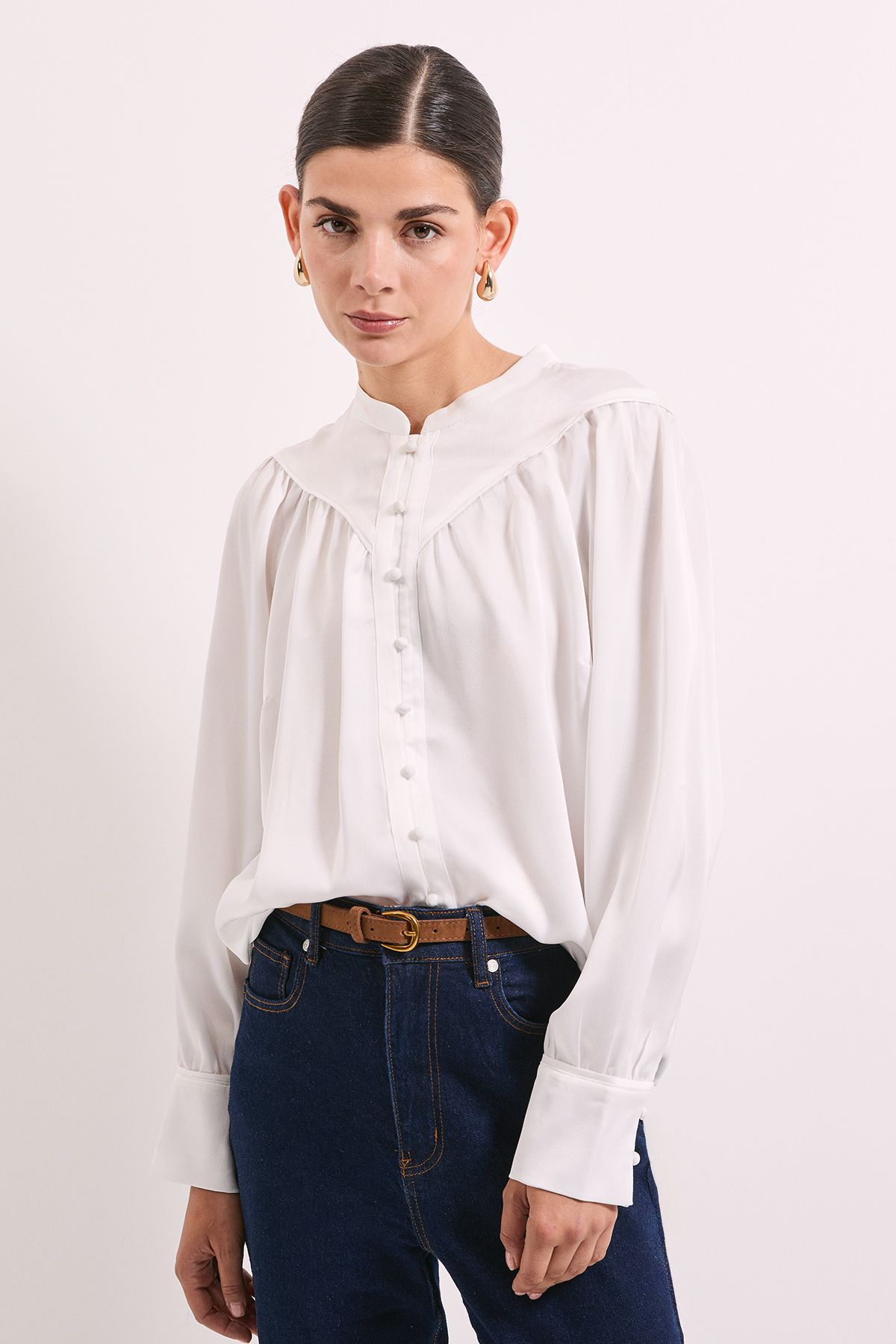 Principles Ivory Satin Button Collar Detail Shirt Ivory