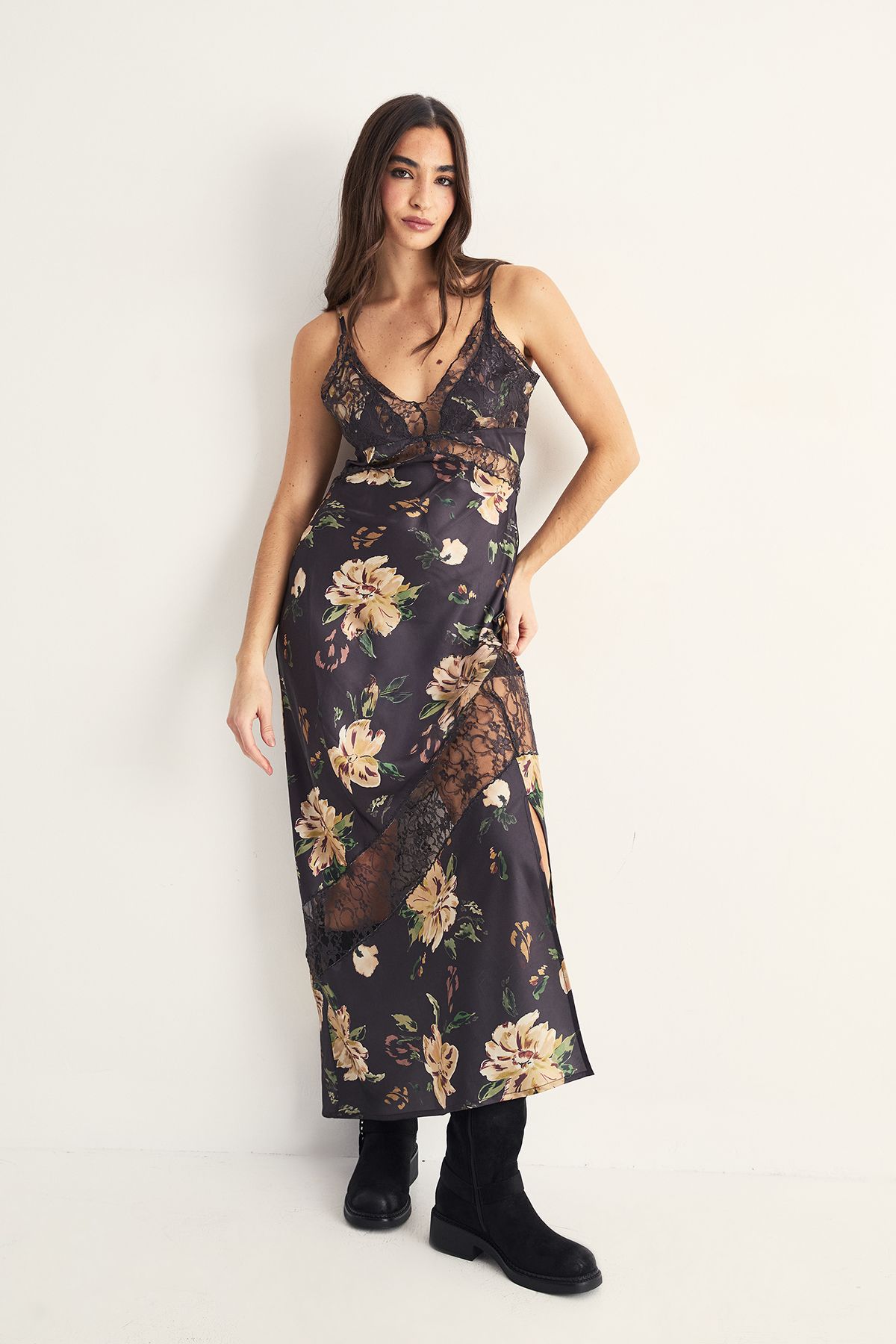 NastyGal Satin Floral Cutwork Lace Split Leg Maxi Dress Black image 2