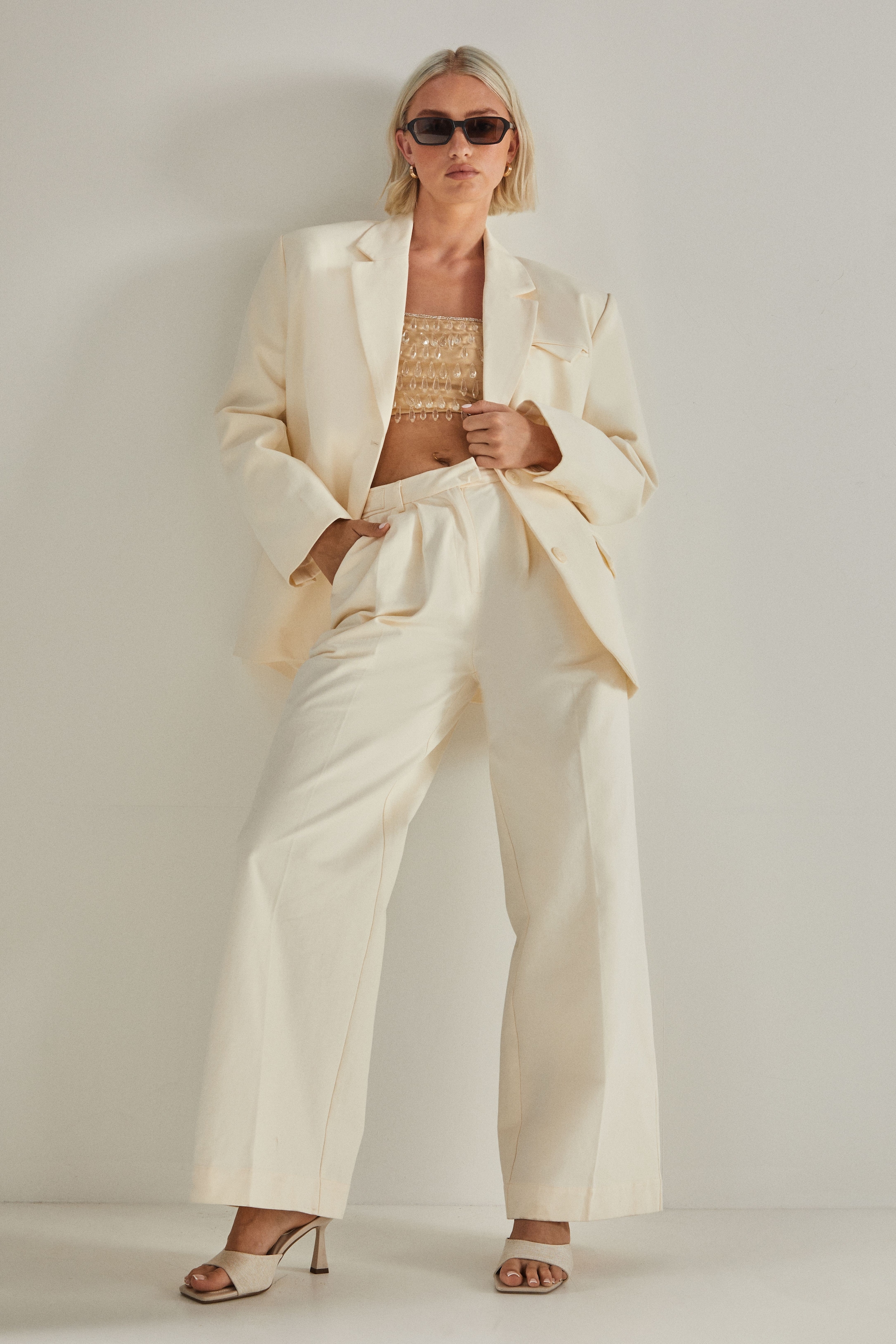 NastyGal Peached Cotton Twill Buckle Tailored Pants Cream image 1