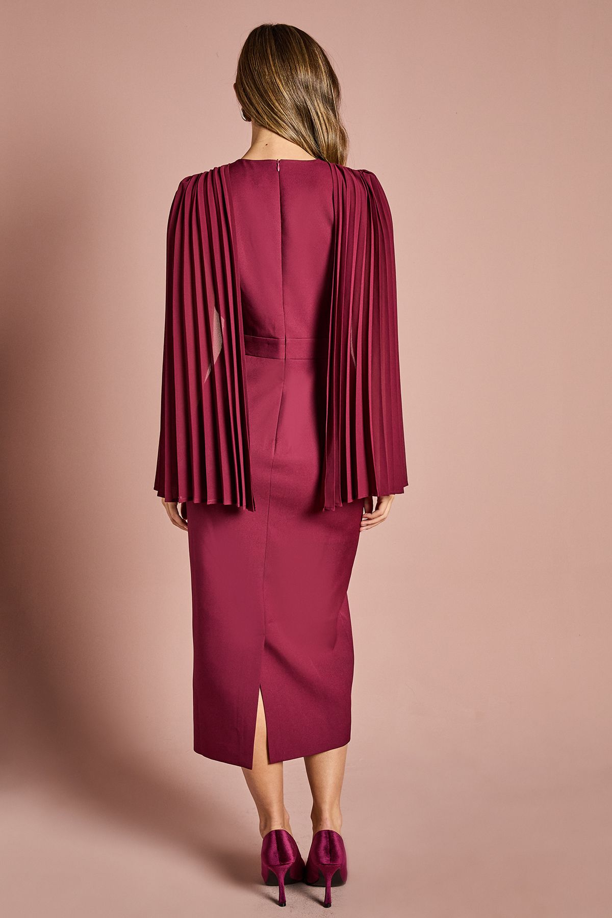 Coast Pleated Cape Sleeve Crepe Pencil Midi Dress Berry image 3