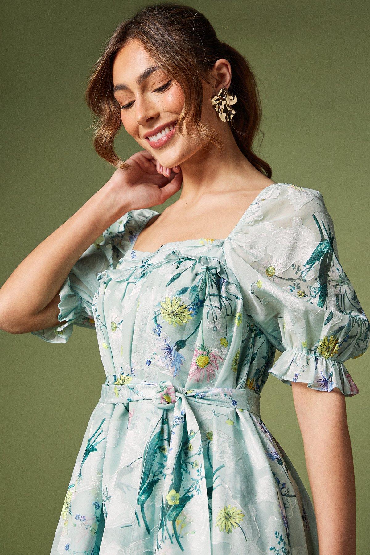 Coast Short Puff Sleeve Printed Chiffon High Low Hem Dress With Tiers Green image 4
