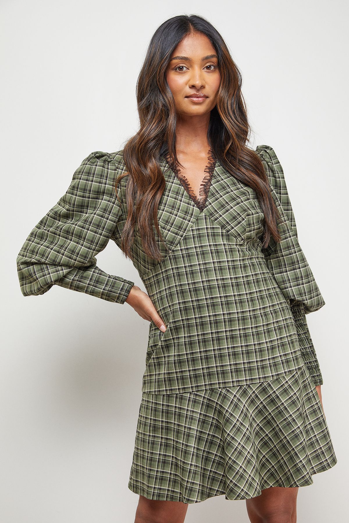 Oasis Checked Lace Neck Puff Sleeve Mini Dress Green