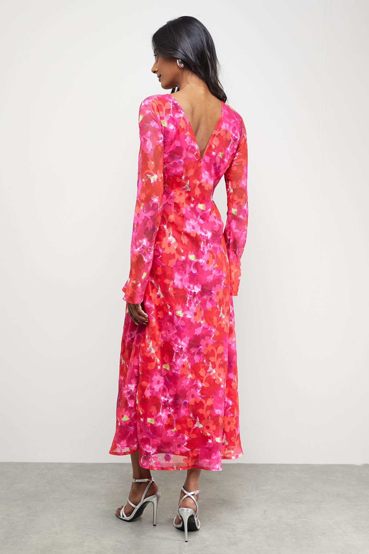 Warehouse Burnout Floral Chiffon Slash Neck Bias Midi Dress Pink image 3