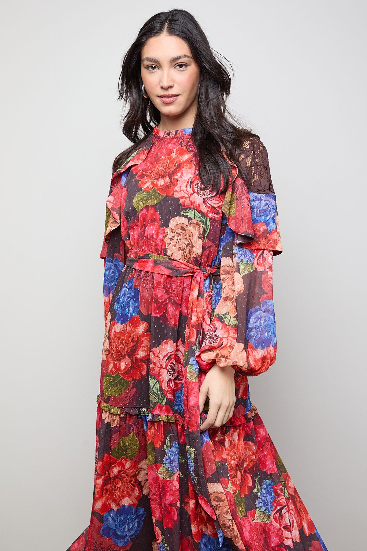 Oasis Printed Chiffon Cape Detail Belted Waist Midi Dress Red image 2