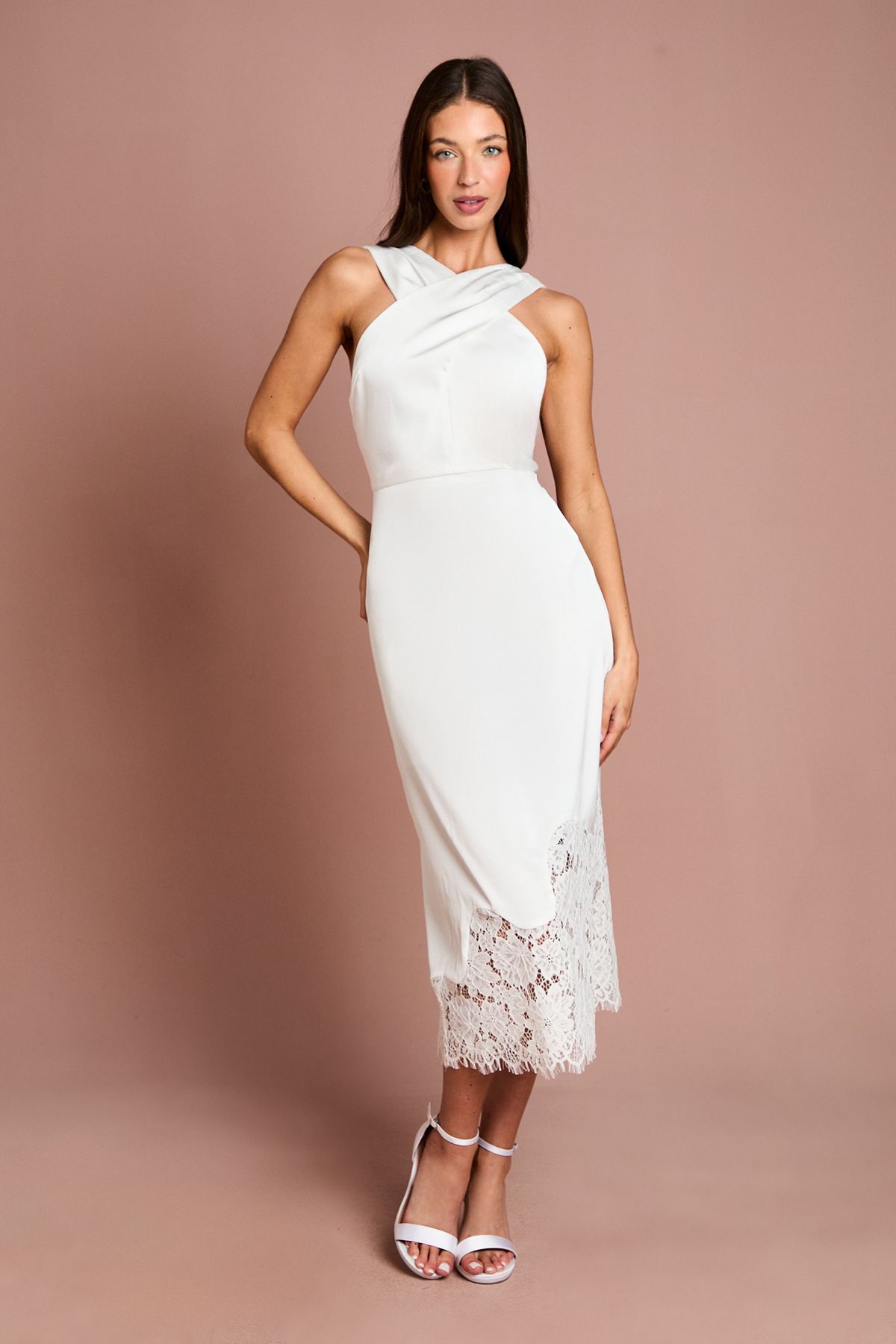 Coast Lace Hem Cross Front Halter Satin Dress Ivory
