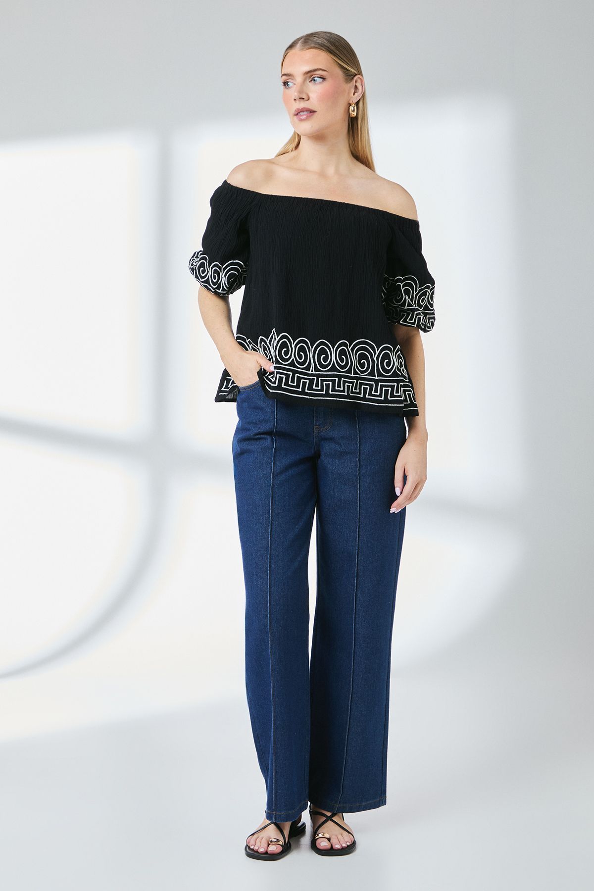 Principles Crinkle Bardot Bubble Sleeve Top Black