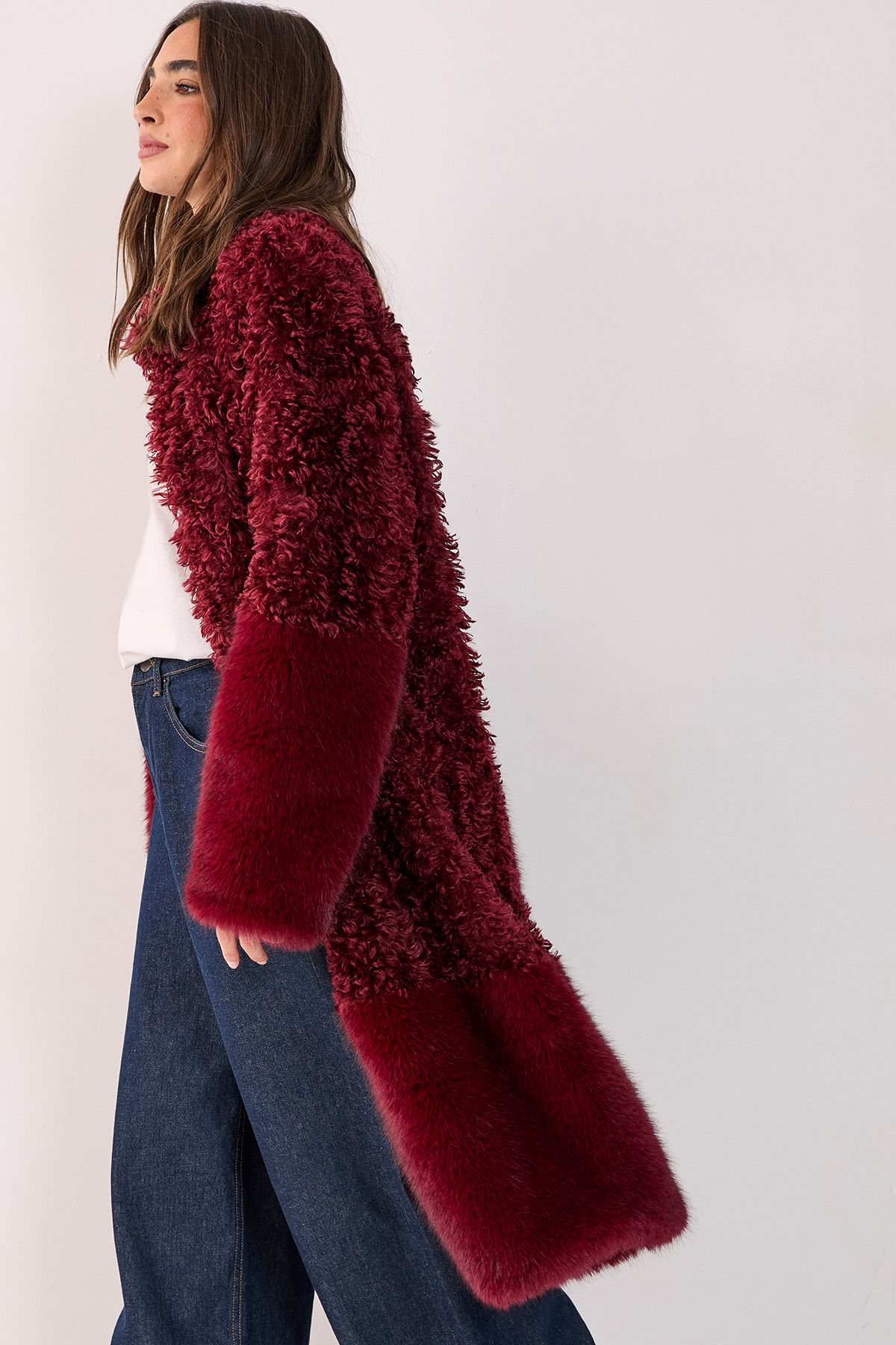 NastyGal Mixed Faux Fur Borg Coat Burgundy image 4